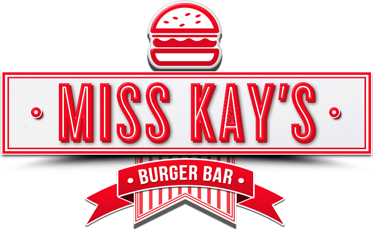 red and white miss kay's burger bar logo