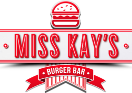 red and white miss kay's burger bar logo
